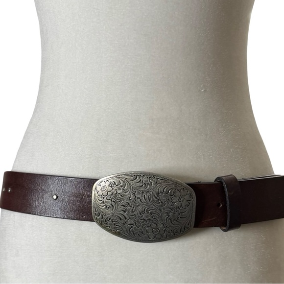 Vintage 90s Leather Statement Belt Western Festival Rodeo Silver Buckle Brown - Picture 2 of 13